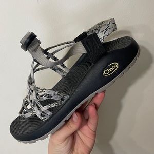 Gray white and green Chaco three strap sandals